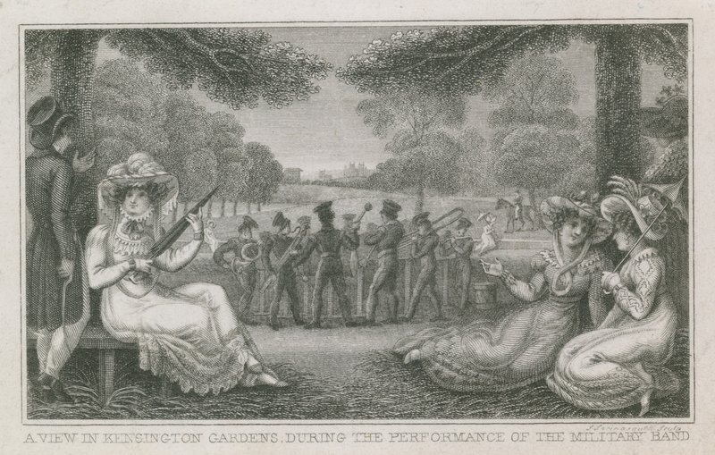 Vue dans les jardins de Kensington, Londres, pendant la performance de la fanfare militaire - English School