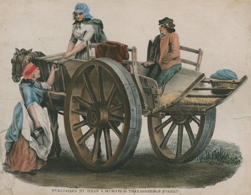 Une femme et un enfant sur une charrette tirée par des chevaux - English School