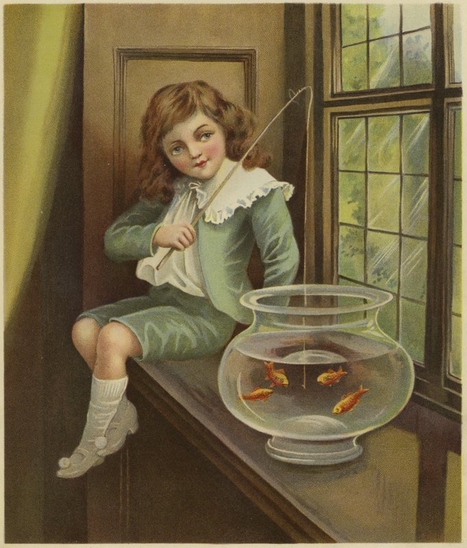 Un jeune garçon plongeant une canne à pêche dans un bol de poissons rouges - English School