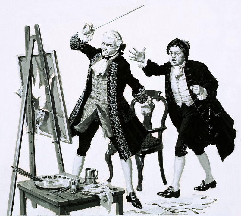 Un jeune homme a lacéré un portrait peu flatteur de son père par Hogarth avec une épée - English School