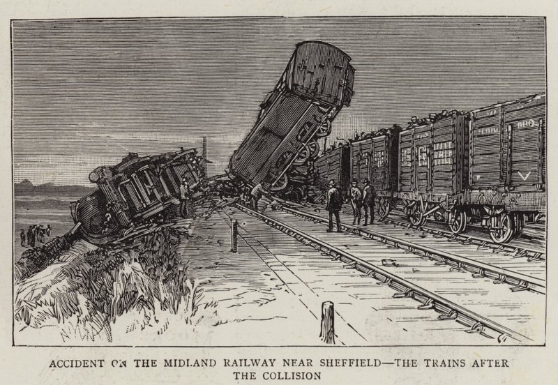 Accident sur le chemin de fer Midland près de Sheffield, les trains après la collision (gravure) - English School