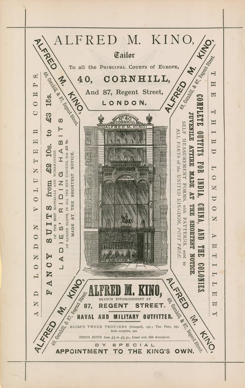 Publicité pour Alfred M Kino, tailleur, 40 Cornhill et 87 Regent Street, Londres - English School