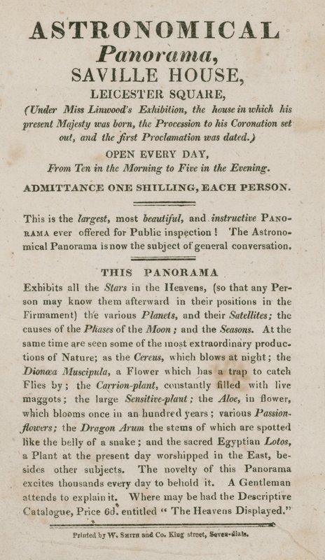 Annonce pour le panorama astronomique, Saville House, Leicester Square, Londres - English School