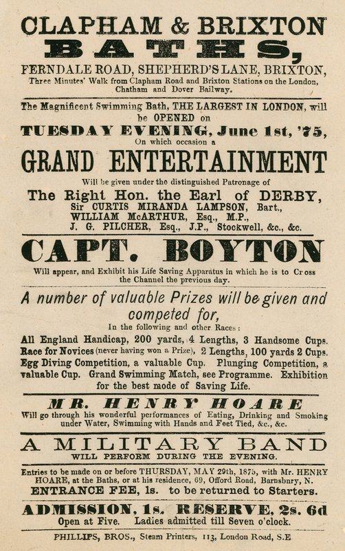 Publicité pour les Bains de Clapham et Brixton, Ferndale Road, Shepherds Lane, Brixton, Londres; avec le Capitaine Boyton - English School