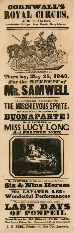 Annonce pour le Royal Circus de Cornwall, Yorkshire Stinge, New Road, Marylebone, Londres - English School