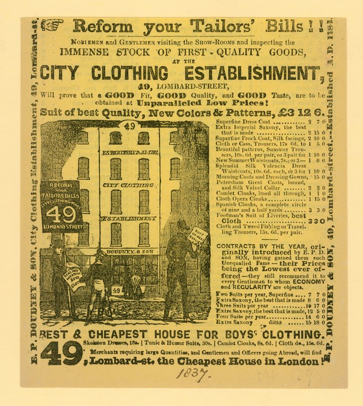 Publicité pour Doudney & Son, établissement de vêtements de la ville, 49 Lombard Street, Londres - English School