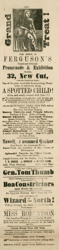 Annonce pour la grande et orientale promenade et exposition de Ferguson, 32 New Cut, Lambeth, Londres - English School