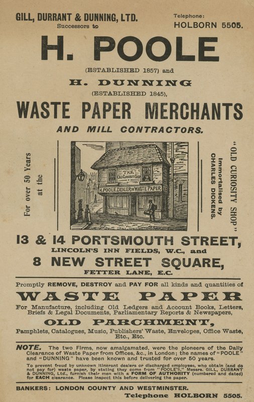 Publicité pour H Poole et H Dunning, Marchands de Papier Usagé et Entrepreneurs de Moulin - English School