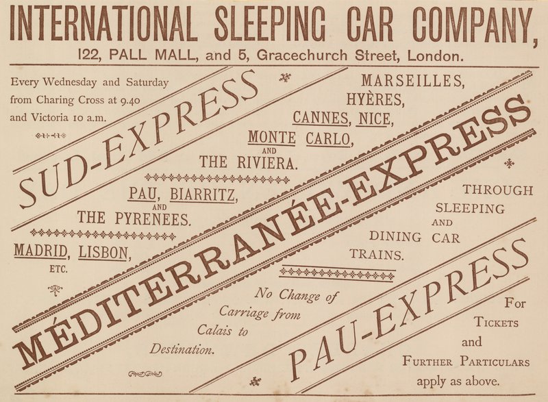 Publicité pour la Compagnie Internationale des Wagons-Lits, 122 Pall Mall et 5 Graceshurch Street, 1888 - English School