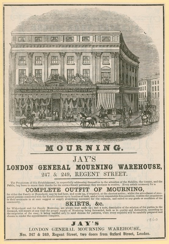 Publicité pour Jays, London General Mourning Warehouse, 247 & 249 Regent Street, Londres - English School
