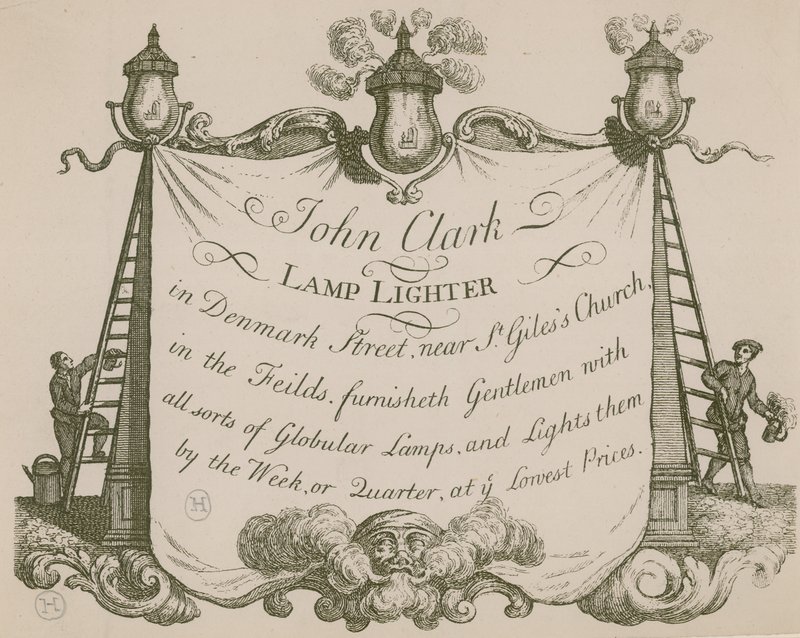 Publicité pour John Clarke, allumeur de lampes, Denmark Street, Londres - English School