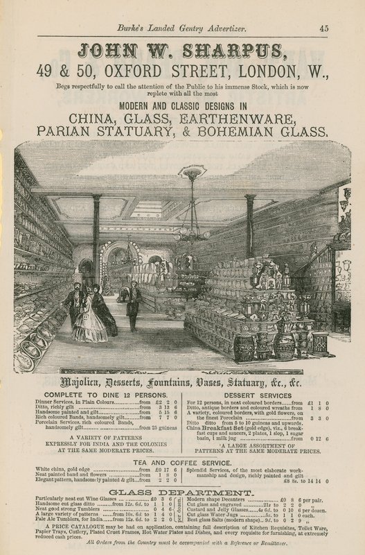 Publicité pour John W Sharpus, designs modernes et classiques en porcelaine, verre, faïence, statuaire en parian et verre bohémien - English School