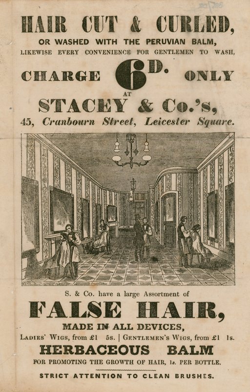Publicité pour Stacey & Co., 45 Cranbourne Street, Leicester Square, Londres, coiffeurs - English School