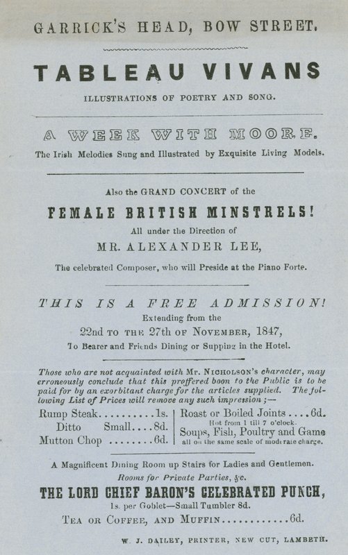 Annonce pour les Tableaux Vivants, illustrations de poésie et de chanson, Garricks Head, Bow Street, Londres - English School