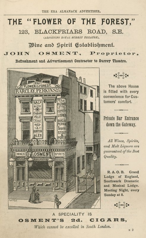 Publicité pour The Flower of the Forest, 123 Blackfriars Road, Londres - English School
