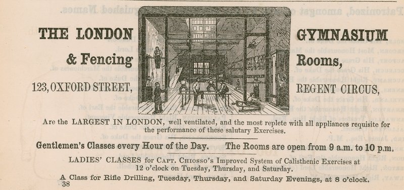 Publicité pour le London Gymnasium & Fencing Rooms, 123 Oxford Street, Regent Circus - English School