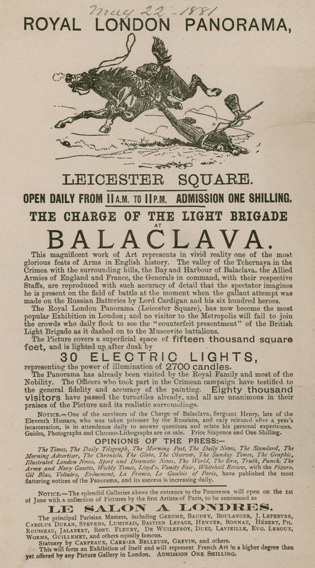 Publicité pour le Royal London Panorama présentant la Charge de la Brigade Légère à Balaclava - English School