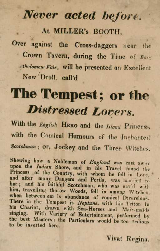 Annonce pour La Tempête; ou, Les Amants en détresse, jouée au Millers Booth, Cross Daggers, près de la Crown Tavern - English School