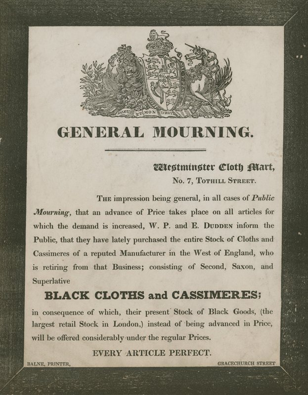Publicité pour W P et E Dudden, Westminster Cloth Mart, 7 Tothill Street - English School