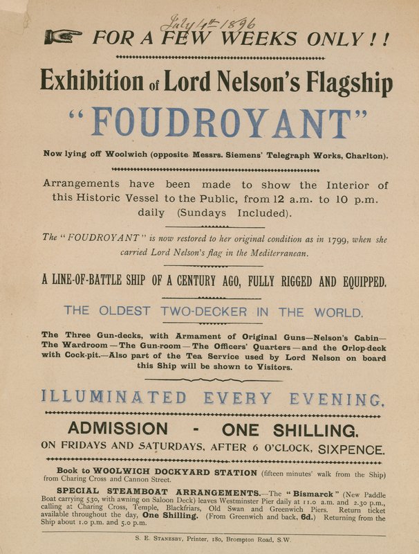Annonce pour une exposition du navire amiral de Lord Nelson, le Foudroyant - English School