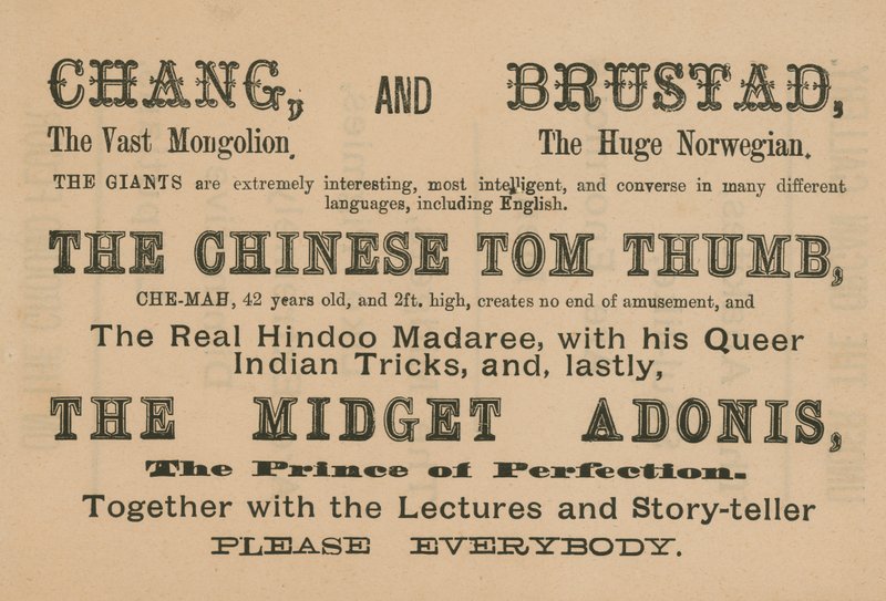 Annonce pour les apparitions de Chang, Brustad, Le Tom Pouce Chinois et L