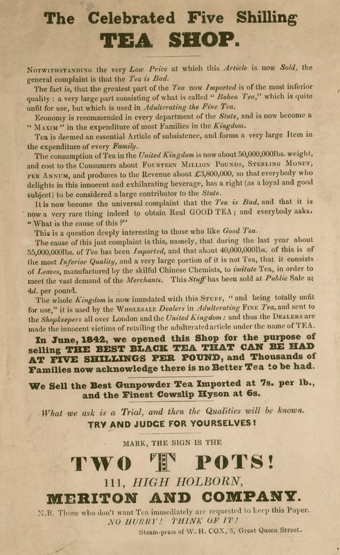 Publicité pour le célèbre magasin de thé à cinq shillings, Meriton et Compagnie - English School