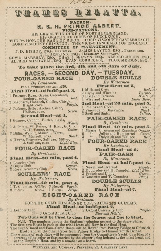 Annonce pour la régate de la Thames, 1843 - English School