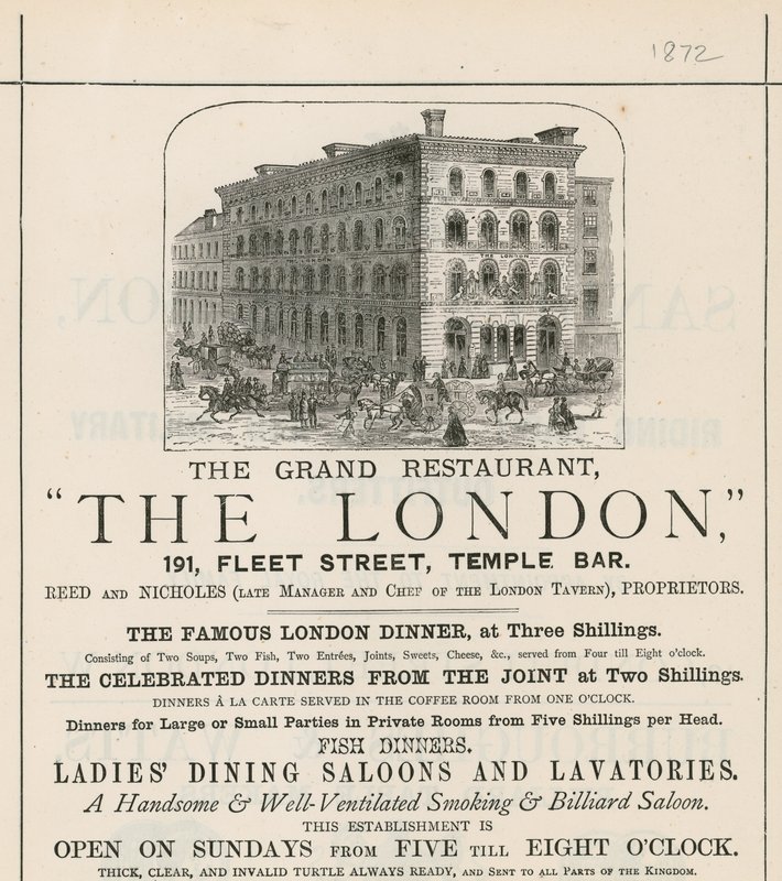 Publicité pour le grand restaurant The London, 191 Fleet Street, Temple Bar - English School
