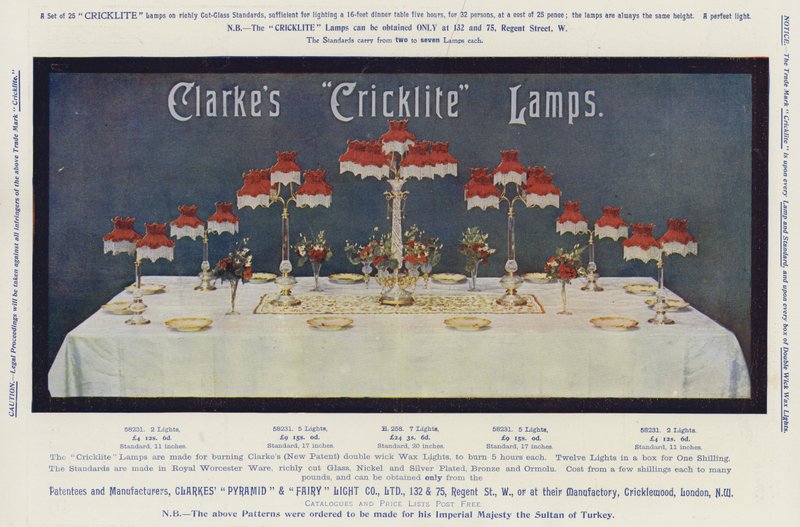 Publicité, lampes "Cricklite" de Clarke (chromolithographie) - English School