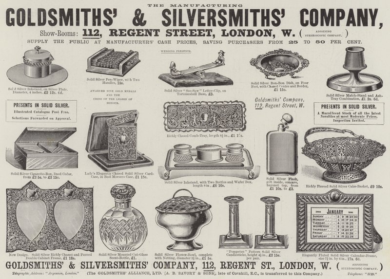 Publicité, compagnie des orfèvres et des argentiers (gravure) - English School
