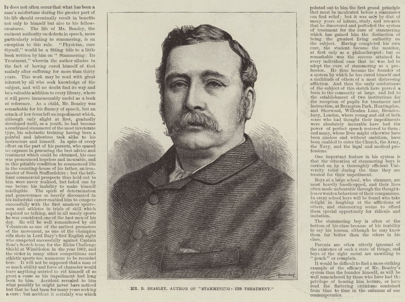 Publicité, M. B Beasley, auteur de "Bégaiement, son traitement" (gravure) - English School