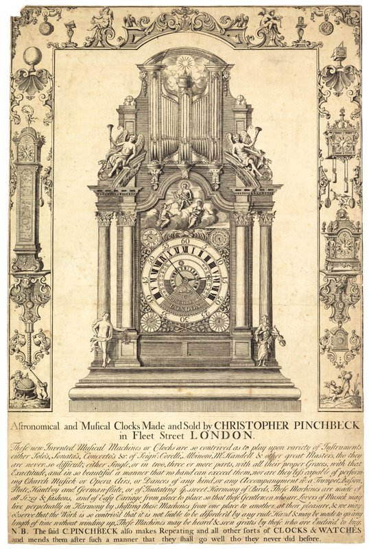 Publicité pour les horloges astronomiques et musicales de Christopher Pinchbeck - English School