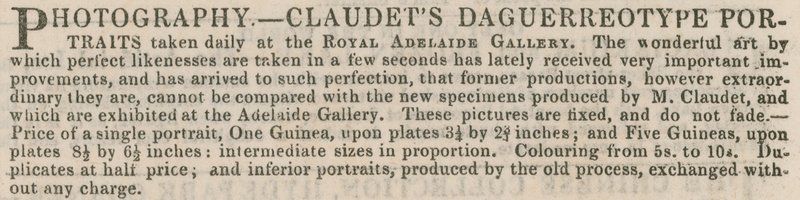 Publicité pour les portraits daguerréotypes de Claudet - English School