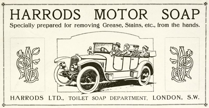 Publicité pour le savon moteur Harrods - English School