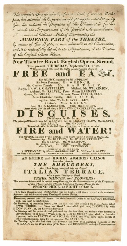 Publicité pour le Nouveau Théâtre Royal, Opéra Anglais, Strand, Londres, pour le 11 septembre 1817, mentionnant l