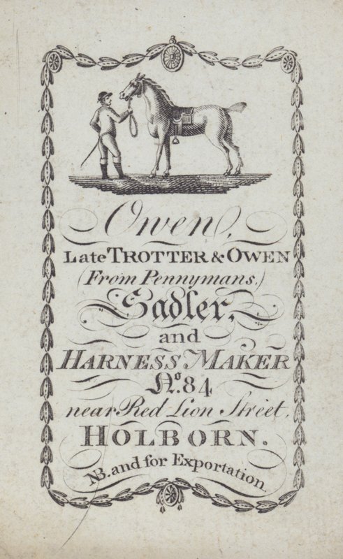 Publicité pour Owen, sellier et fabricant de harnais, Londres - English School