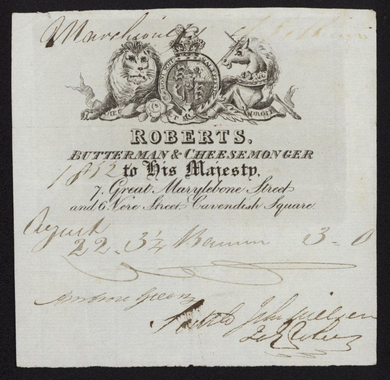 Publicité pour Roberts, fromager et crémier, Londres - English School