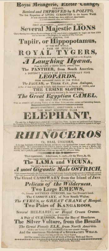 Publicité pour la ménagerie royale, Exeter Change - English School