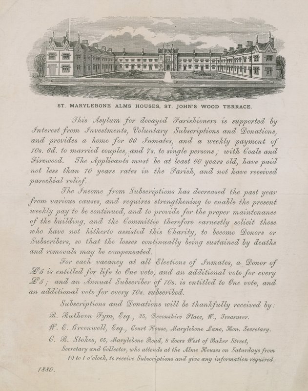 Publicité pour les maisons de charité de St Marylebone - English School