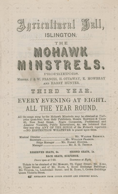 Publicité pour les Mohawk Minstrels au Hall agricole - English School