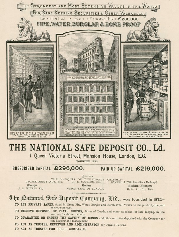 Publicité pour la National Safe Deposit Company, 1 Queen Victoria Street, Mansion House, Londres - English School