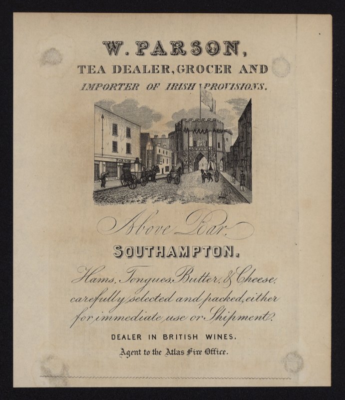 Publicité pour W Parson, marchand de thé, épicier et importateur de provisions irlandaises, Southampton, Hampshire - English School