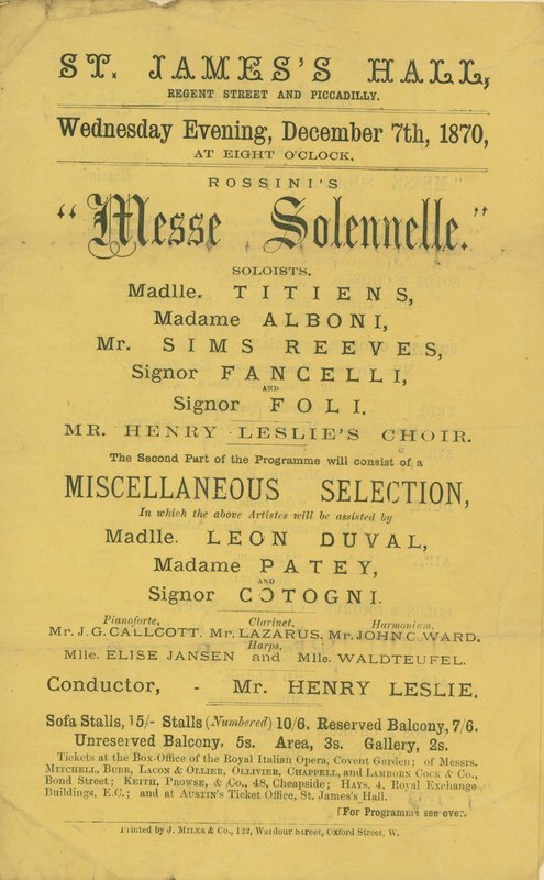 Publicité pour une production de la Messe Solennelle de Rossini - English School