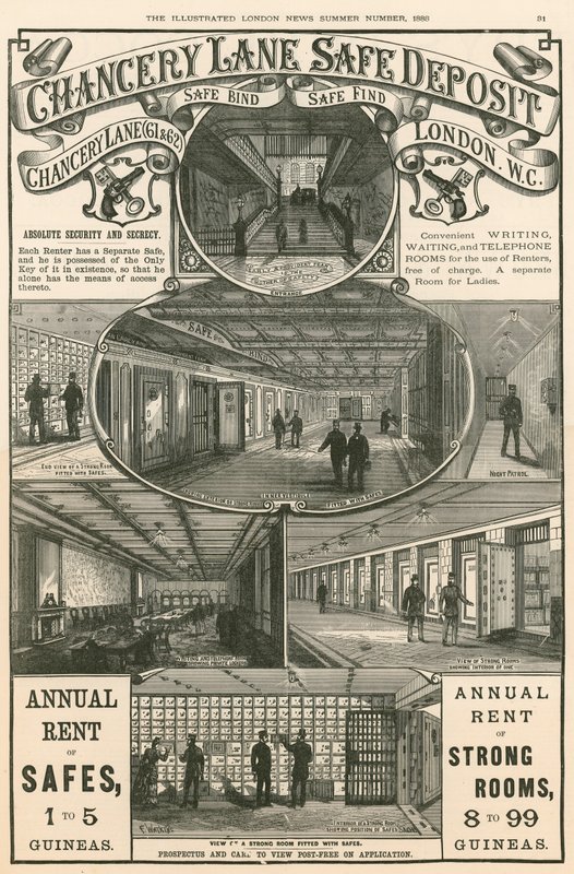 Publicité pour le Chancery Lane Safe Deposit, 61-62 Chancery Lane, Londres - English School