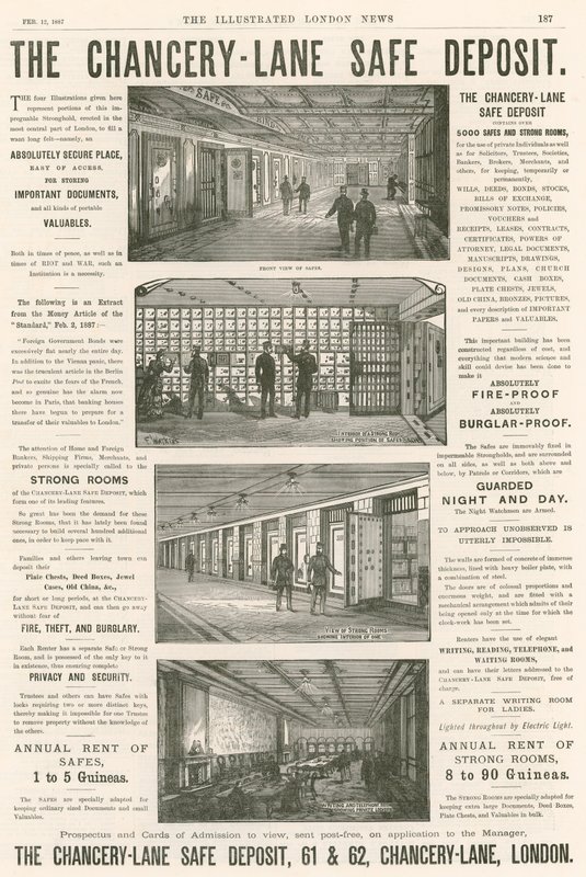 Publicité pour le Chancery Lane Safe Deposit, 61-62 Chancery Lane, Londres - English School