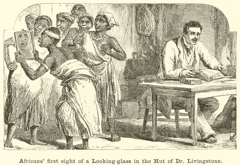 Africains voyant pour la première fois un miroir dans la hutte du Dr Livingstone - English School