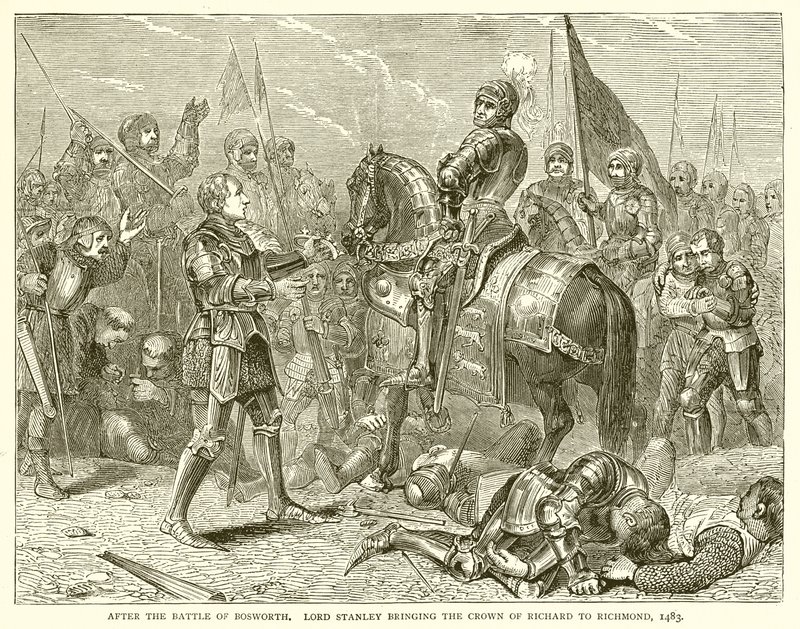 Après la bataille de Bosworth. Lord Stanley apportant la couronne de Richard à Richmond, 1483 - English School