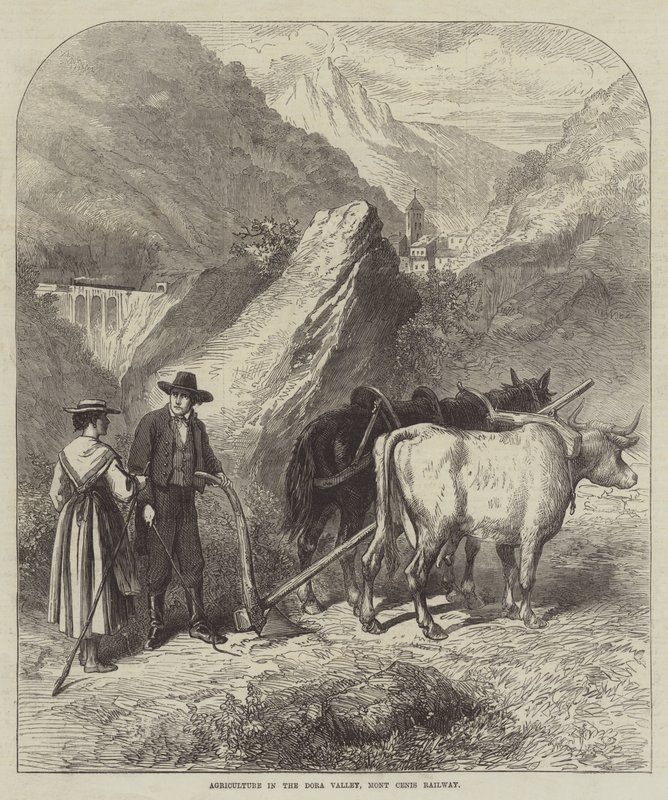 Agriculture dans la vallée de la Dora, chemin de fer du Mont-Cenis (gravure) - English School
