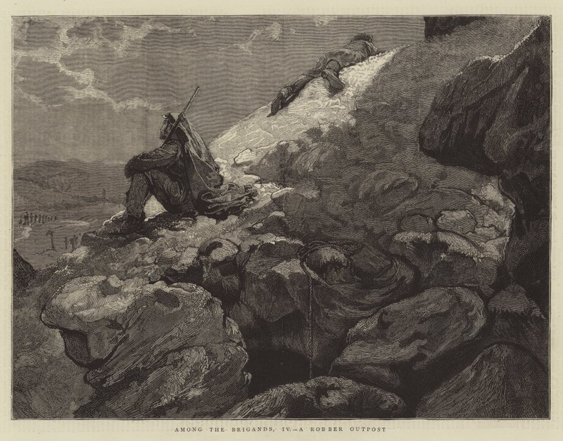Parmi les brigands, IV, un poste de voleurs (gravure) - English School