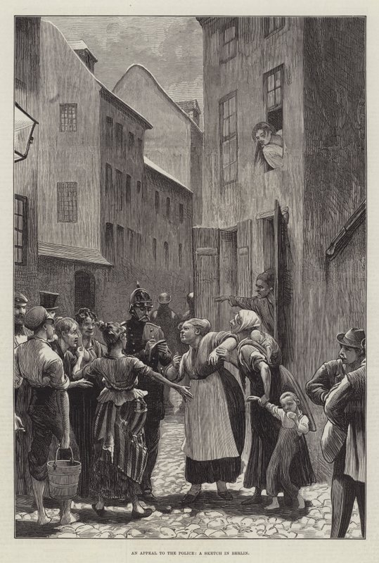 Un appel à la police, un croquis à Berlin (gravure) - English School